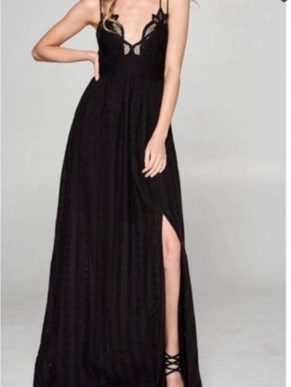 Hummingbird Black Lace Bodice Maxi Dress with Side Slit
